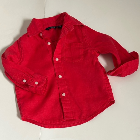 Janie And Jack Spring Poppy Red Linen Button Down Shirt Toddler 12-18 - Picture 2 of 12